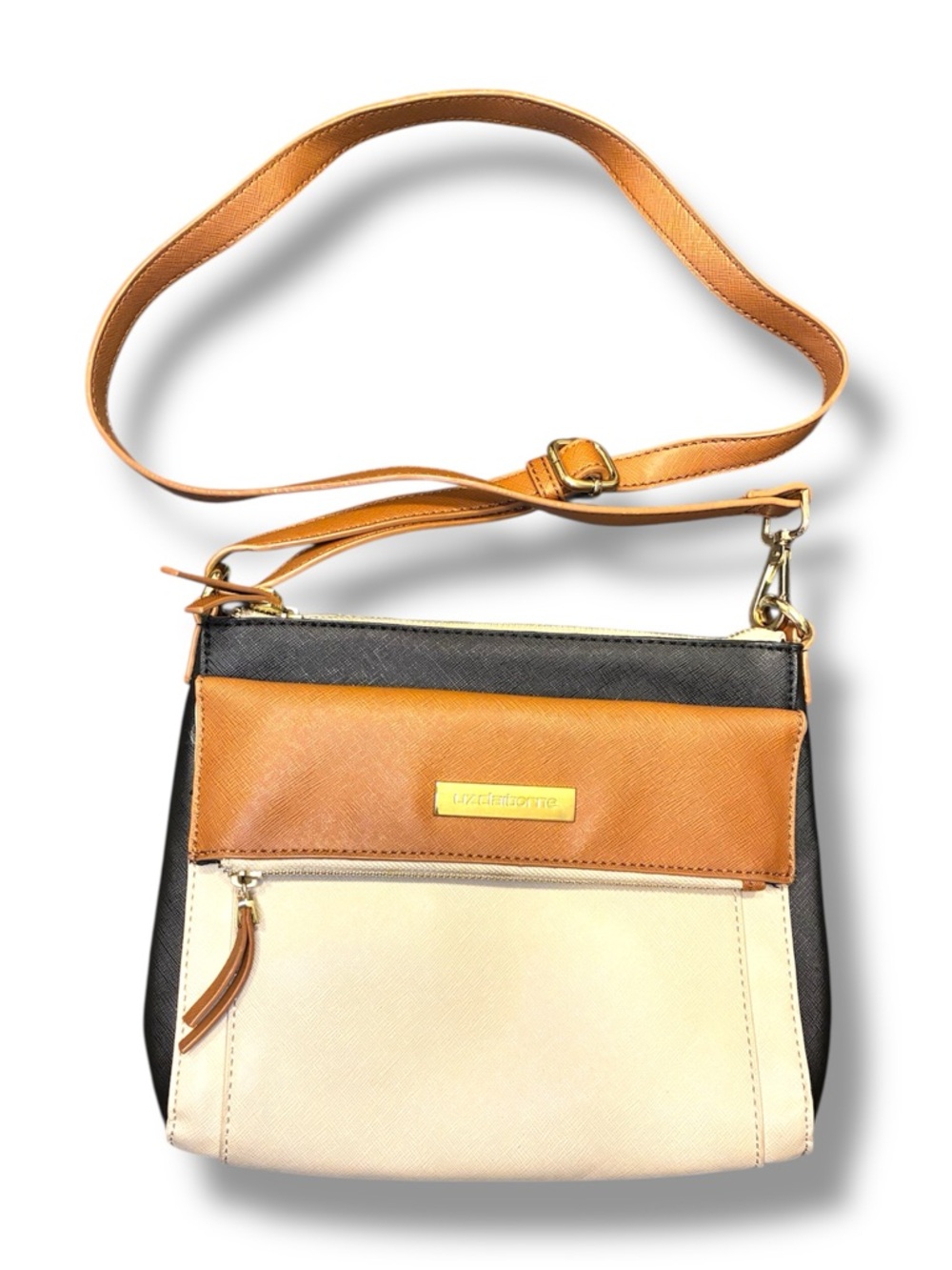 👜 Liz Claiborne Colorblock Crossbody Bag Tan Cream Black Adjustable Strap